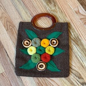 Brown Floral Appliqué Tote with Amber Oval Handles